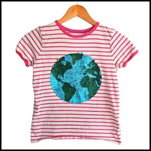 Mini Boden Sequin Earth Graphic Tee Striped Short Sleeve Top Kids Size 11 12 Yea